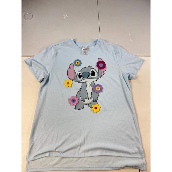 Disney Stitch Flower T-Shirt Womens Blue Graphic Crew Neck Short Sleeve - Picture 2 of 10